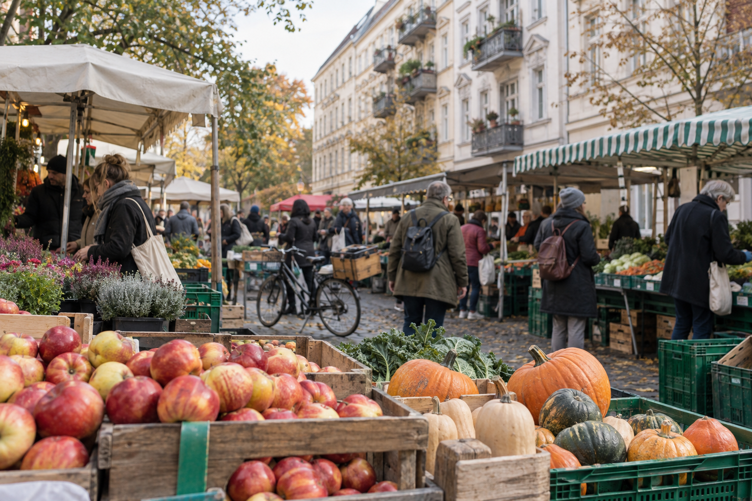 Herbstliches Obst und Gemüse auf einem deutschen Wochenmarkt